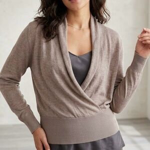 H&M Basic Taupe Wrap Front Surplice Knit Banded Waist Top Sweater Boho Chic